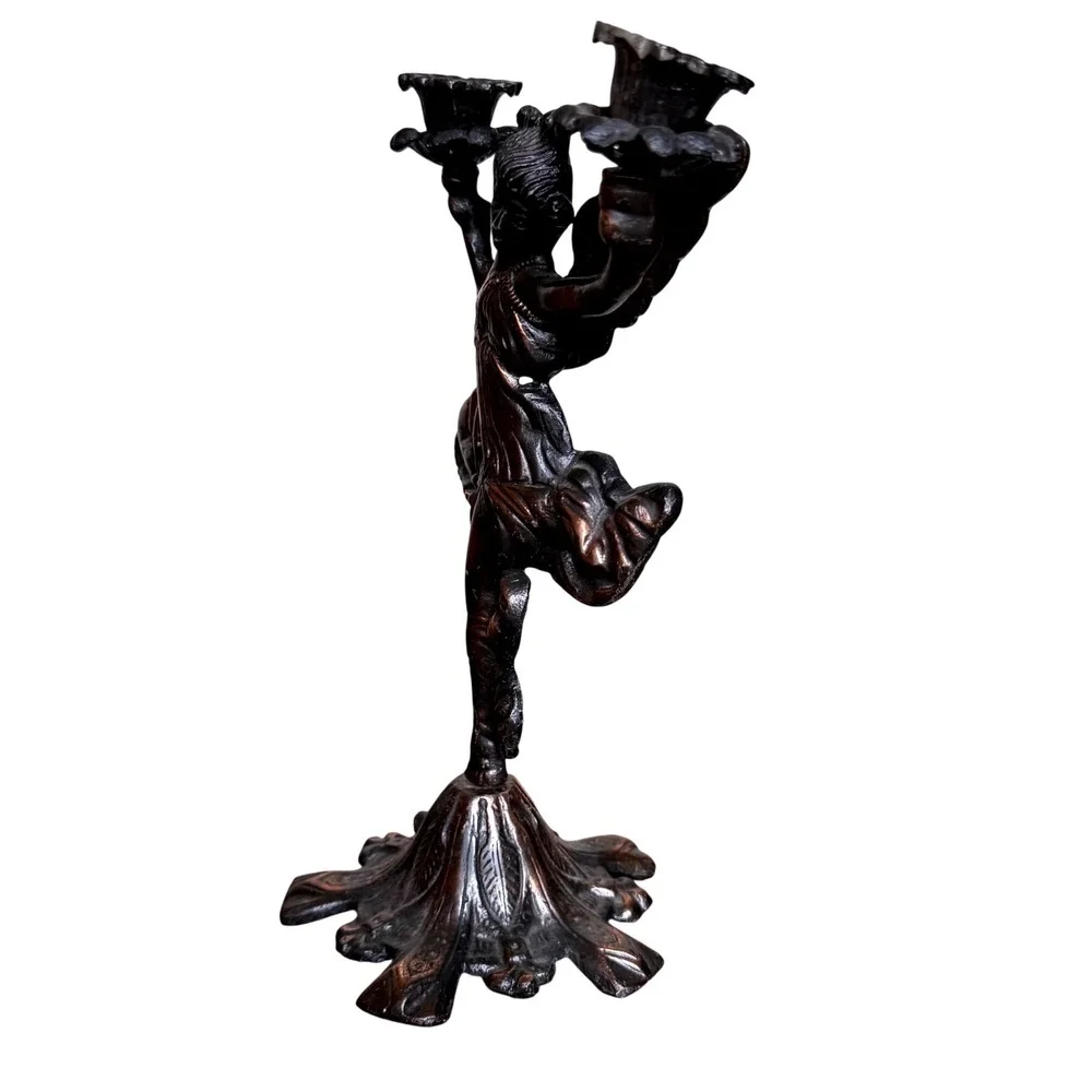 Vtg Winged Fairy Angel Candelabra Cast‎ Metal Double Taper Art Nouveau  Bronze